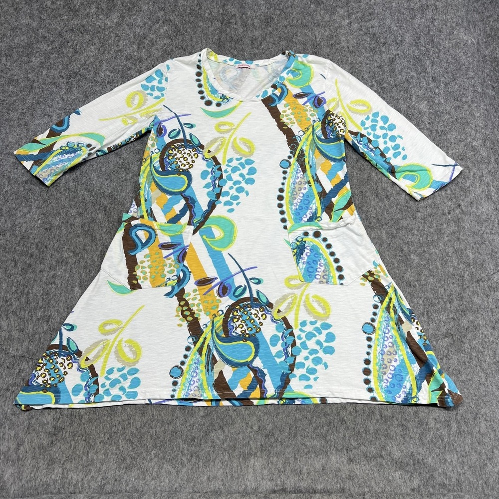 Fresh Produce Dress Womens Medium White Blue Abstract Paisley 3/4 Sleeve Cotton
